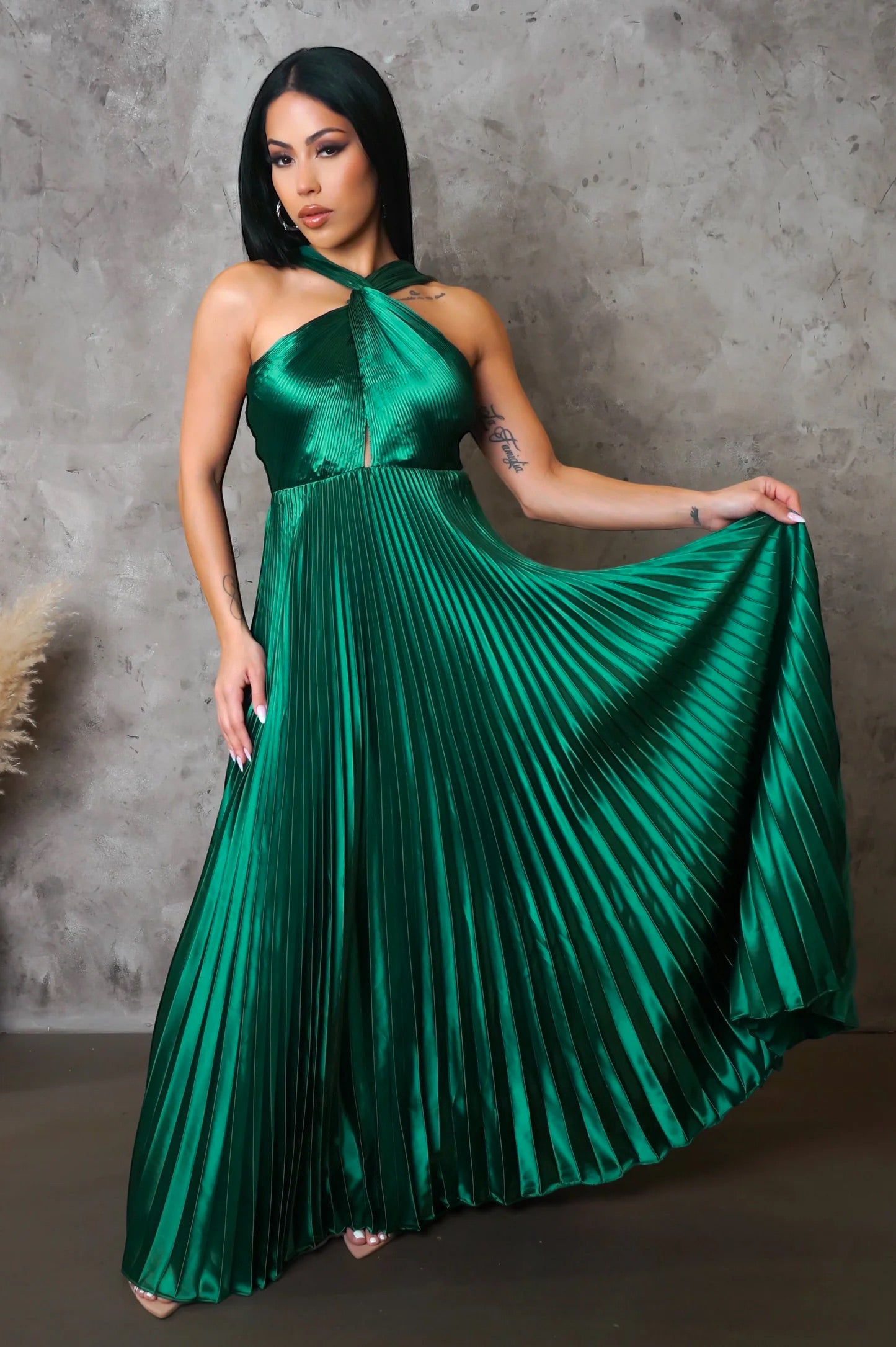 Ella Satin Pleated Maxi Dress Green - Ali’s Couture 