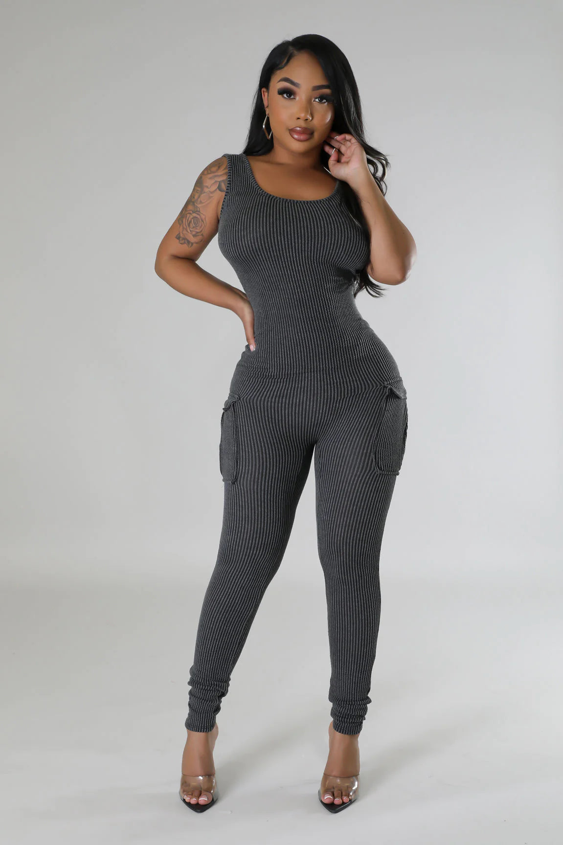 Play In Comfort Ribbed Jumpsuit Slate Charcoal - Ali’s Couture 
