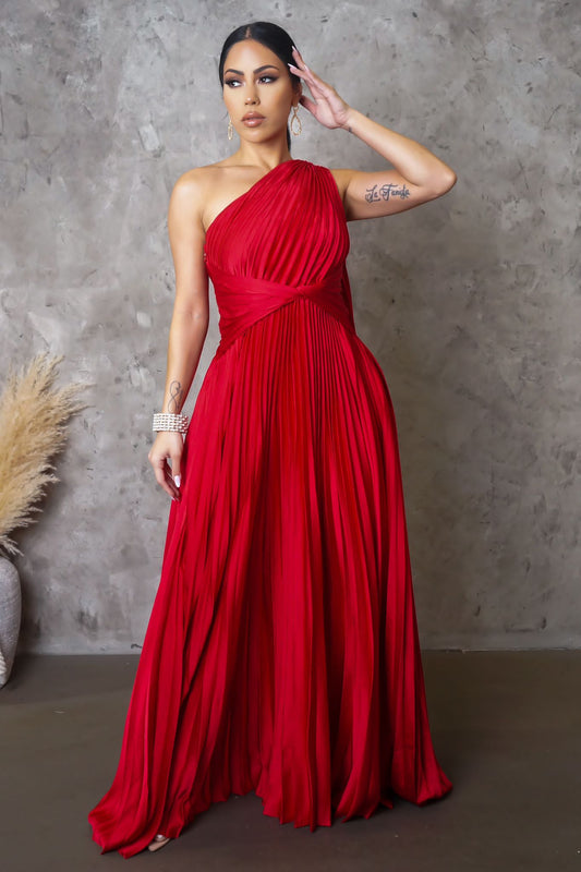 Jezebel Satin Pleated Maxi Dress Red - Ali’s Couture 