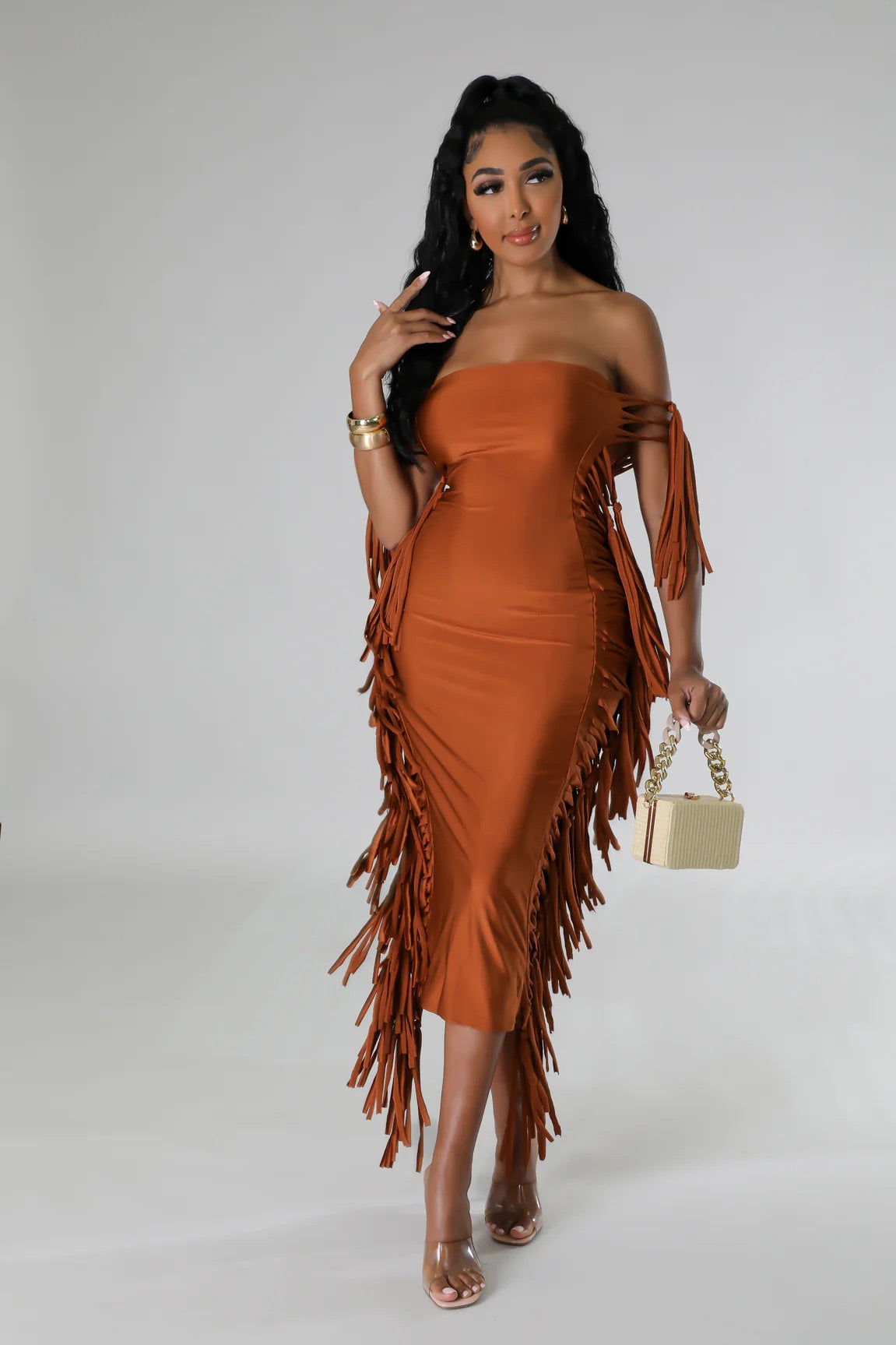 Zena Fringe Tube Midi Dress Copper - Ali’s Couture 
