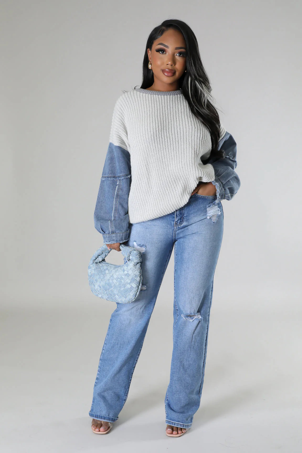 Warming Up Denim Sweater Grey - Ali’s Couture 