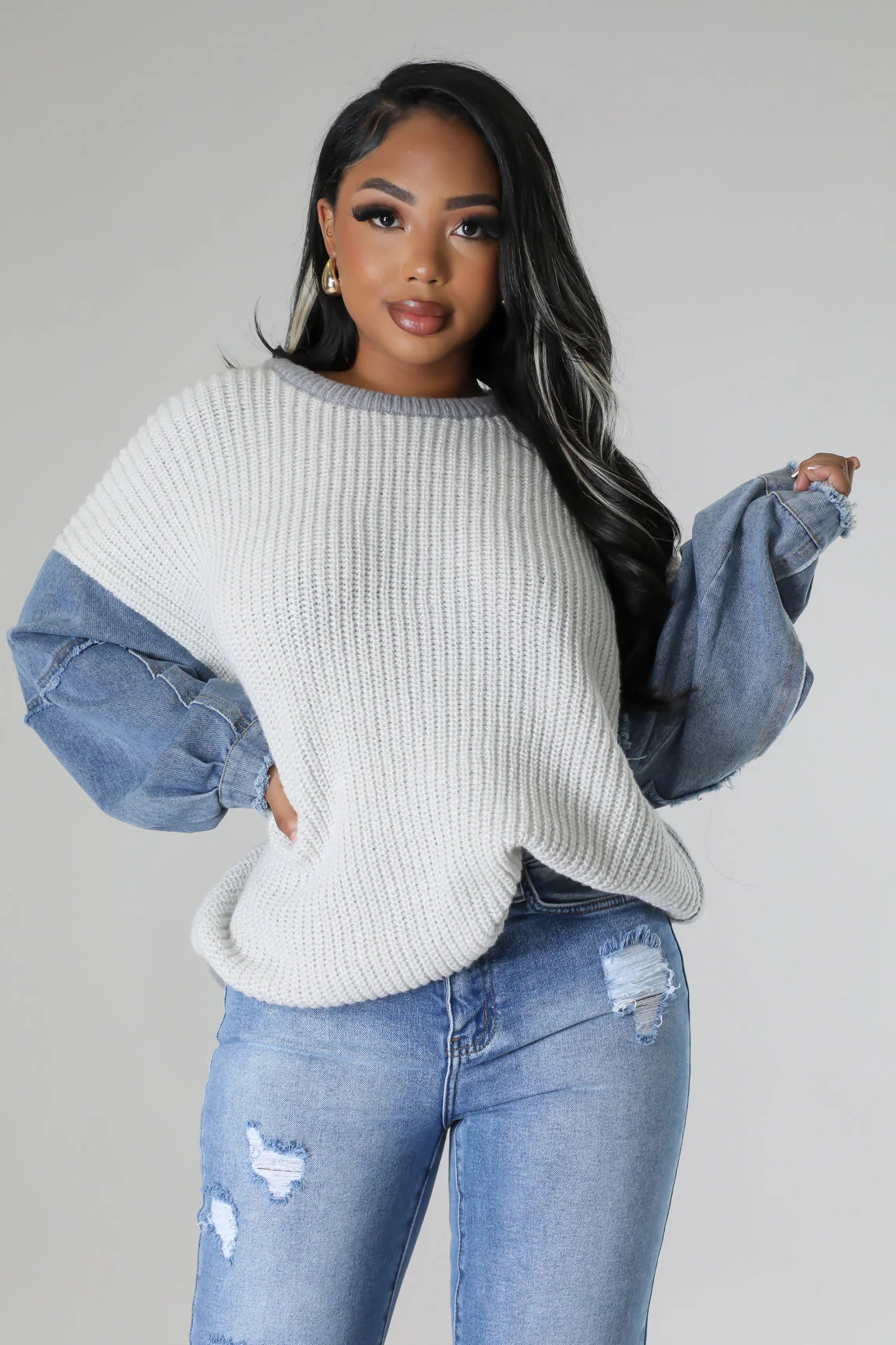 Warming Up Denim Sweater Grey - Ali’s Couture 