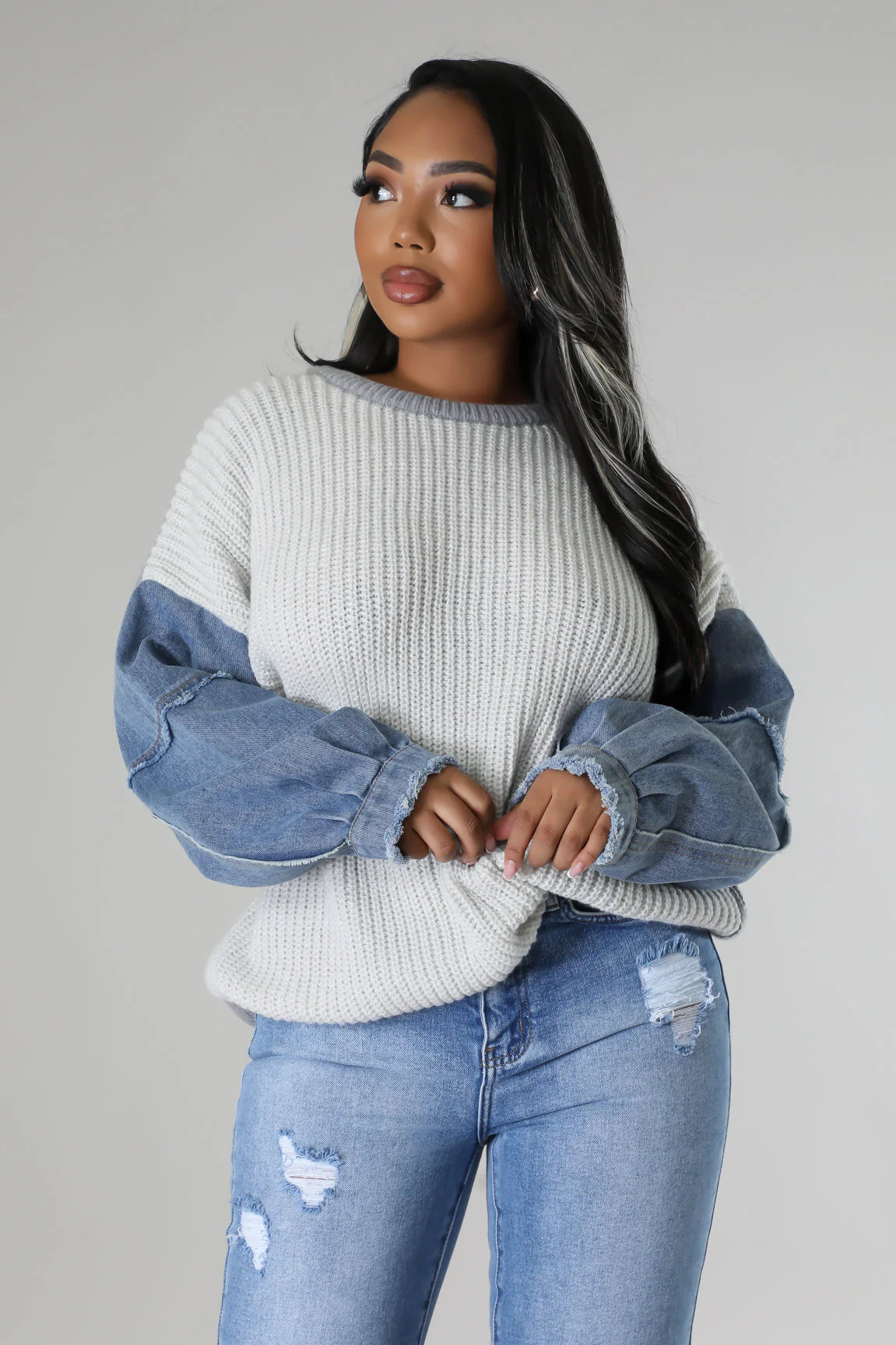 Warming Up Denim Sweater Grey - Ali’s Couture 