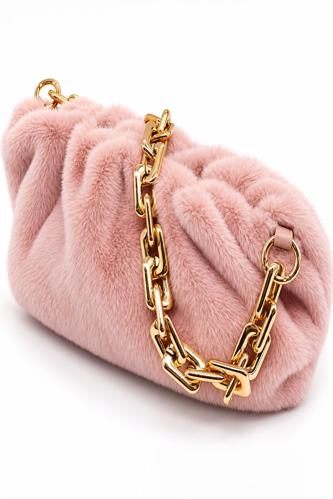 Fara Designer-Inspired Faux Fur Gold Chain Handbag – Blush Pink - Ali’s Couture
