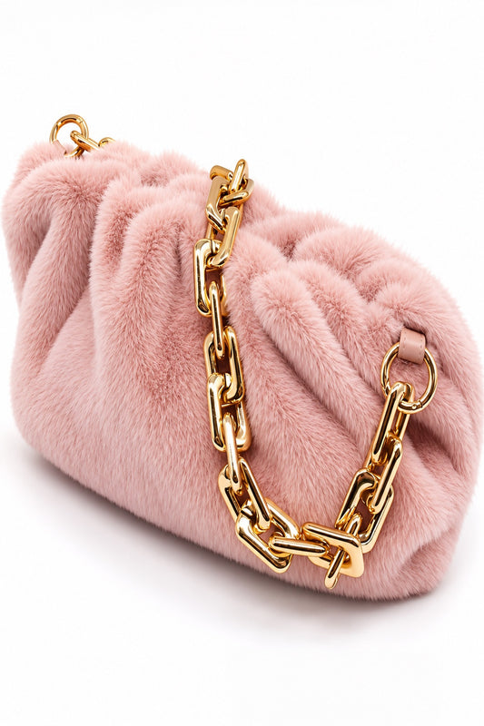Fara Designer-Inspired Faux Fur Gold Chain Handbag – Blush Pink - Ali’s Couture