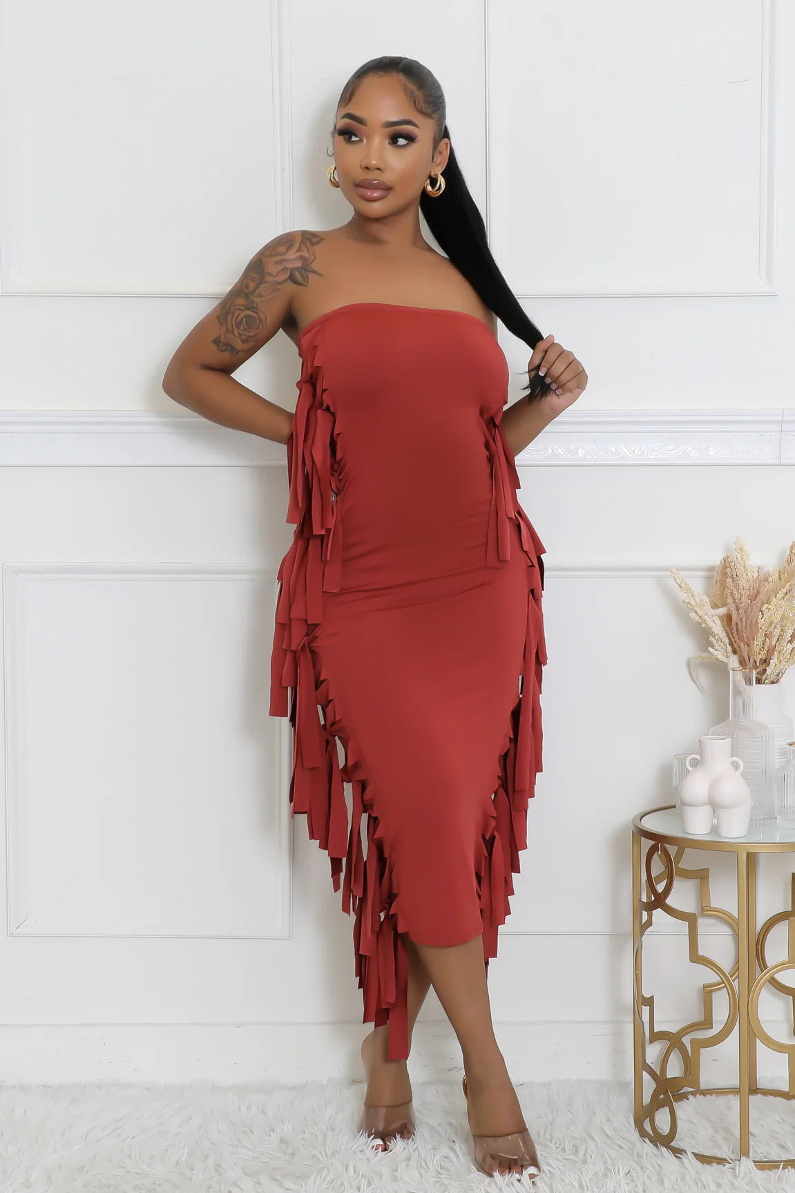 Kena Fringe Tube Midi Dress Brick - Ali’s Couture 