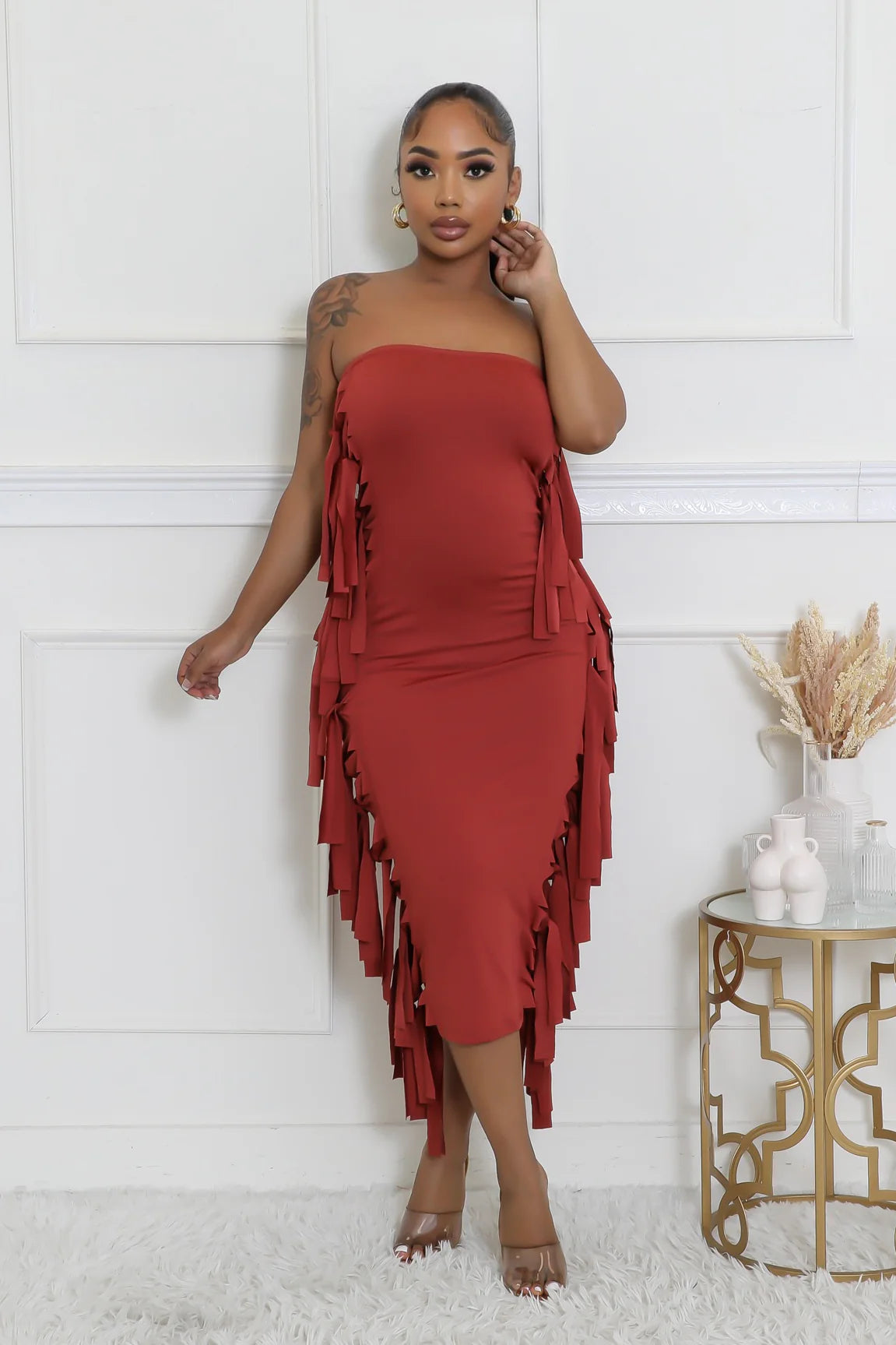 Kena Fringe Tube Midi Dress Brick - Ali’s Couture