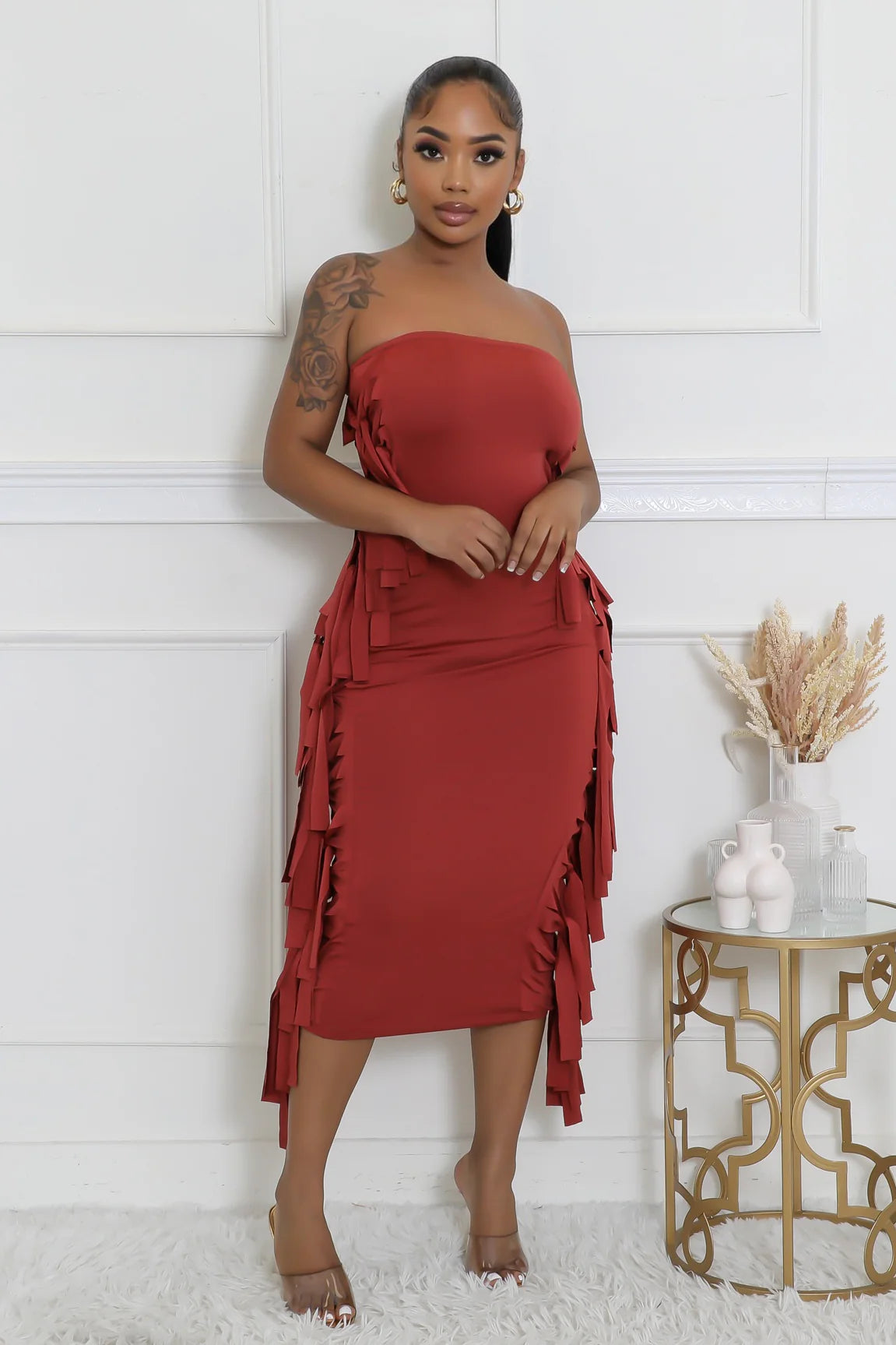 Kena Fringe Tube Midi Dress Brick - Ali’s Couture