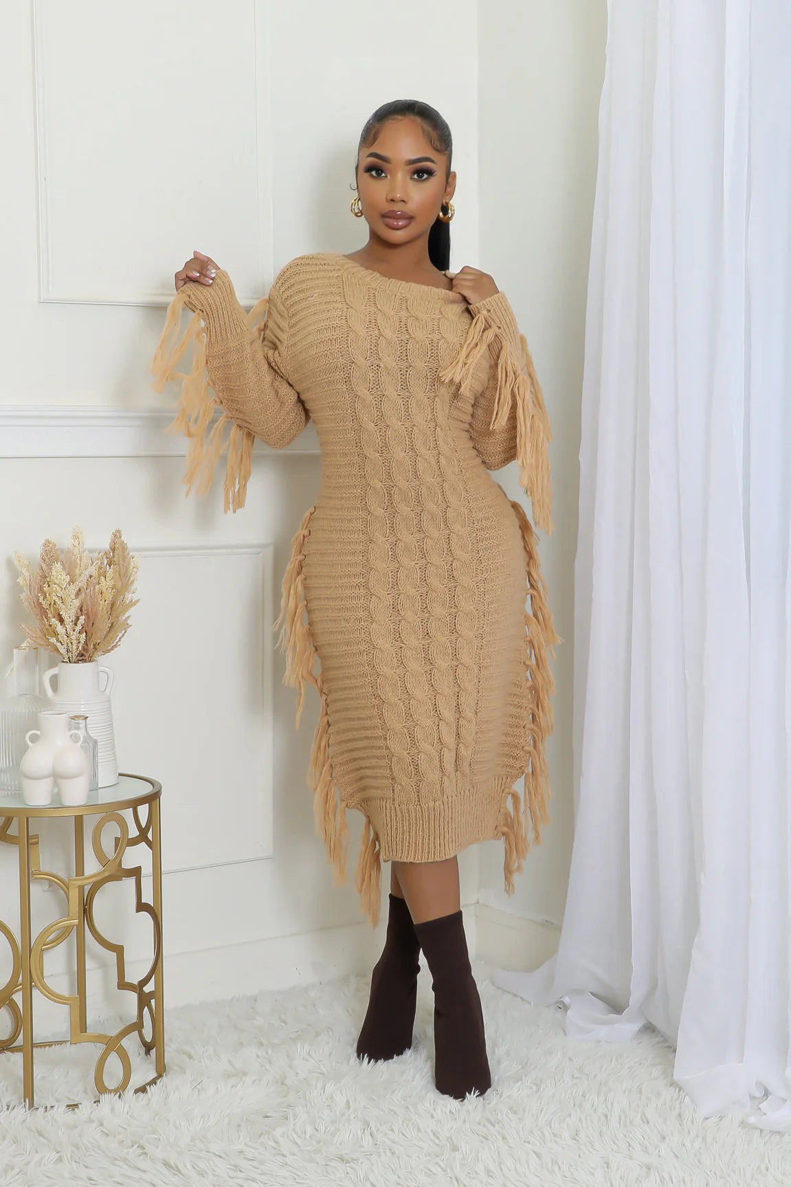 Fallyn Fringe Sweater Midi Dress Khaki - Ali’s Couture 