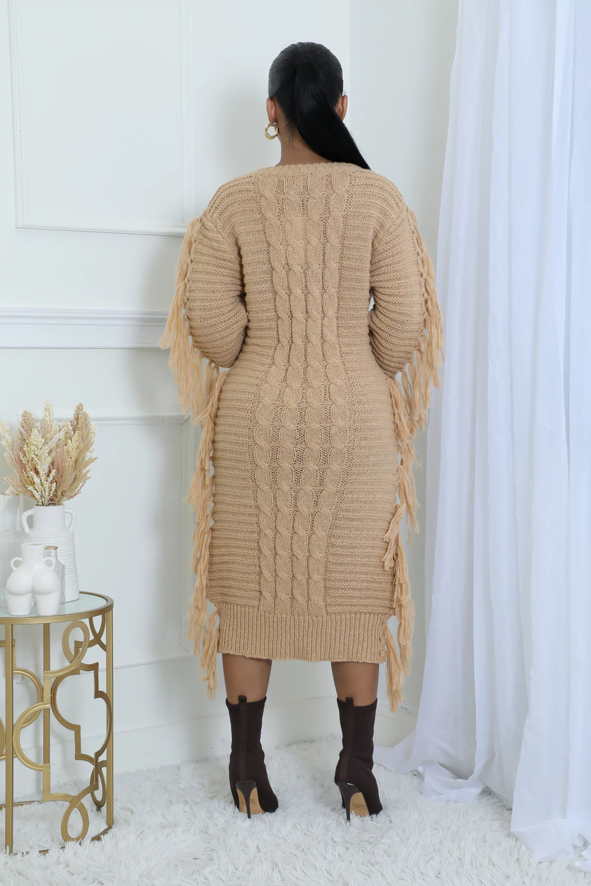 Fallyn Fringe Sweater Midi Dress Khaki - Ali’s Couture 