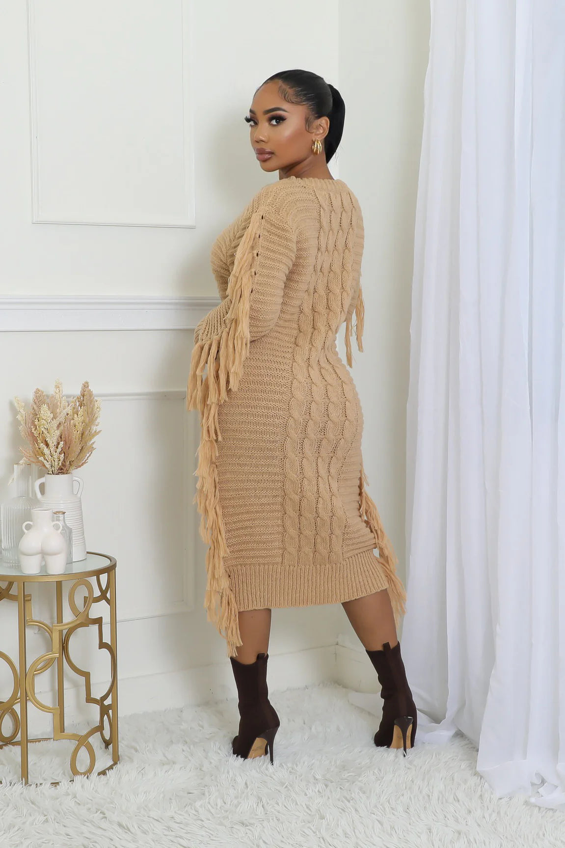 Fallyn Fringe Sweater Midi Dress Khaki - Ali’s Couture 