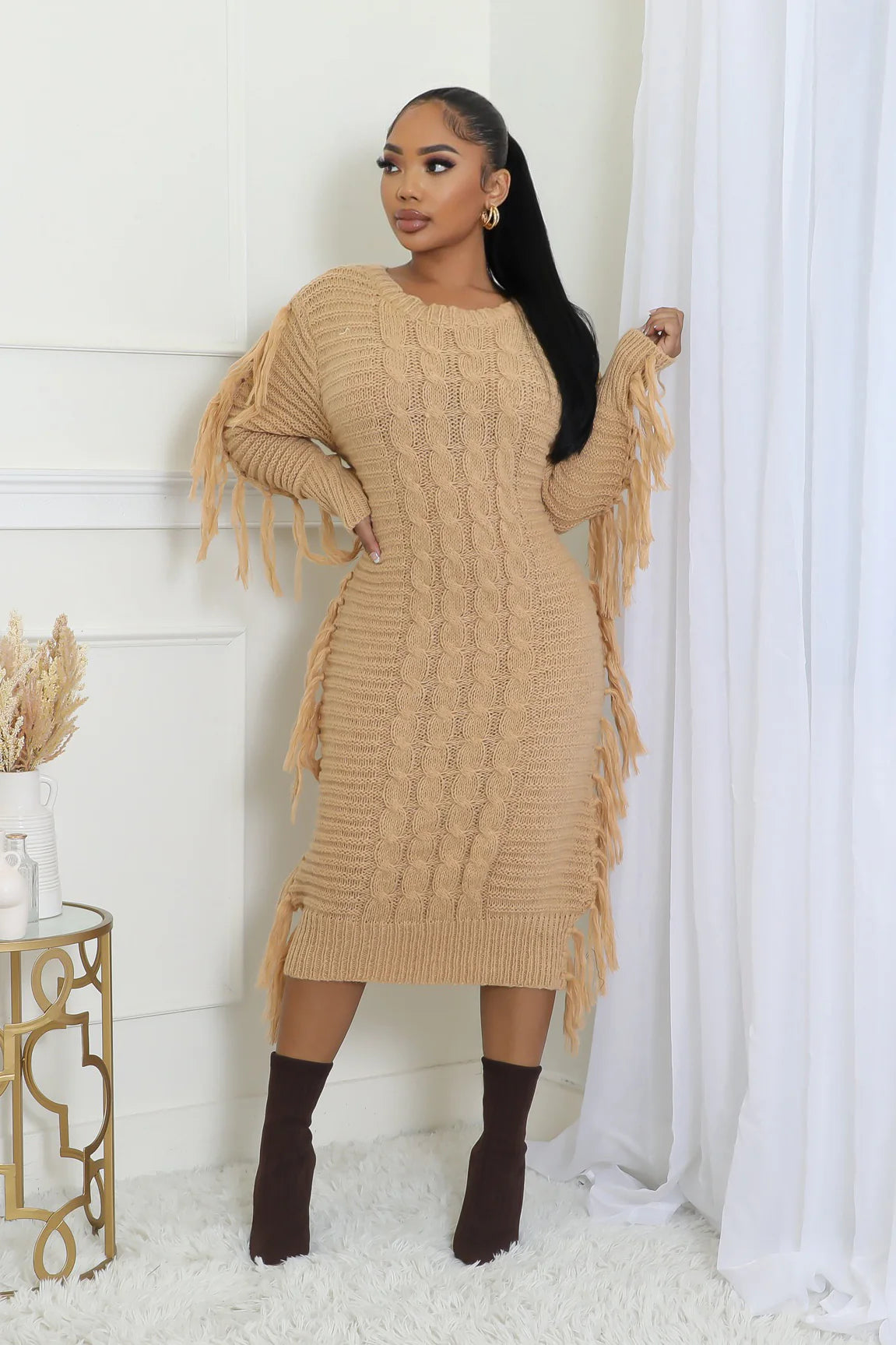 Fallyn Fringe Sweater Midi Dress Khaki - Ali’s Couture 