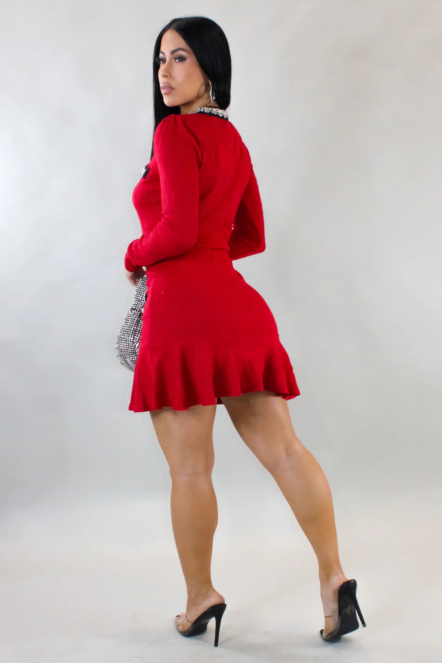 Calissa Embellished Knit Mini Skirt Set Red
