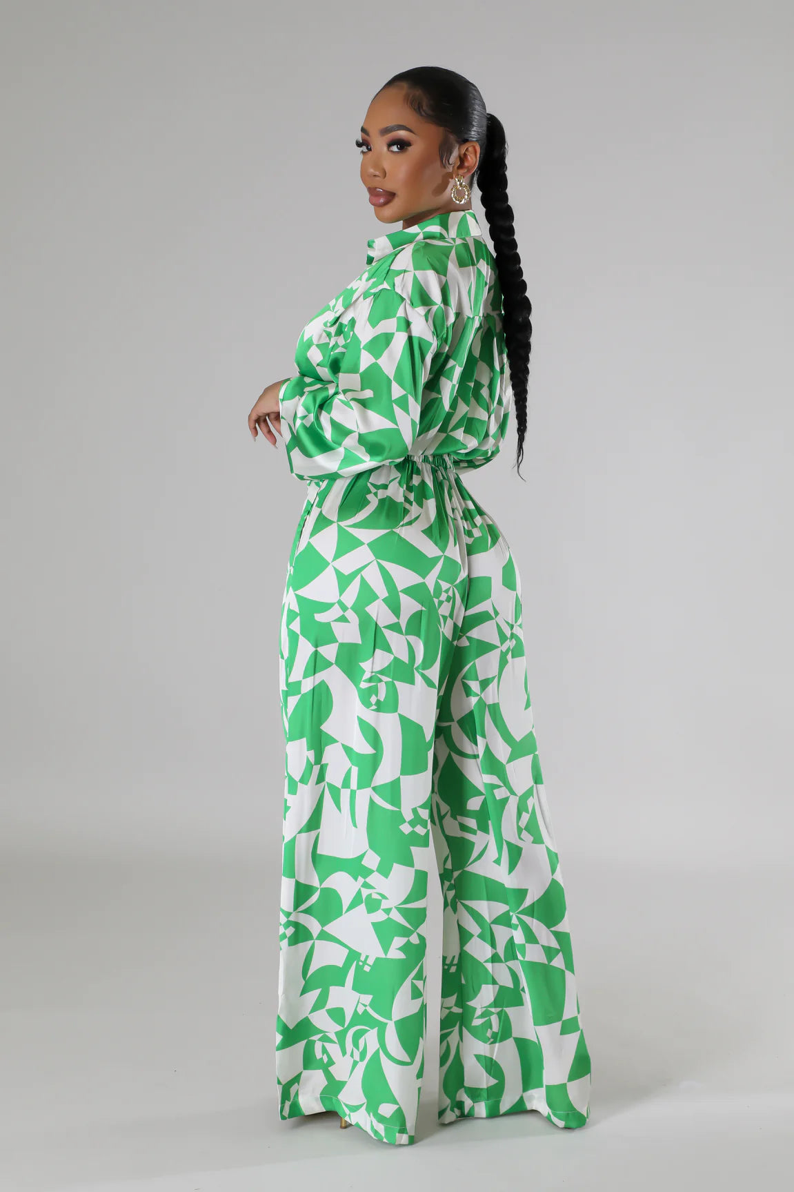 Island Impression Silky Printed Jumpsuit Green - Ali’s Couture 