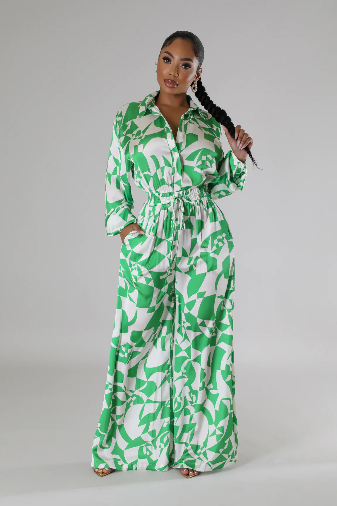Island Impression Silky Printed Jumpsuit Green - Ali’s Couture 