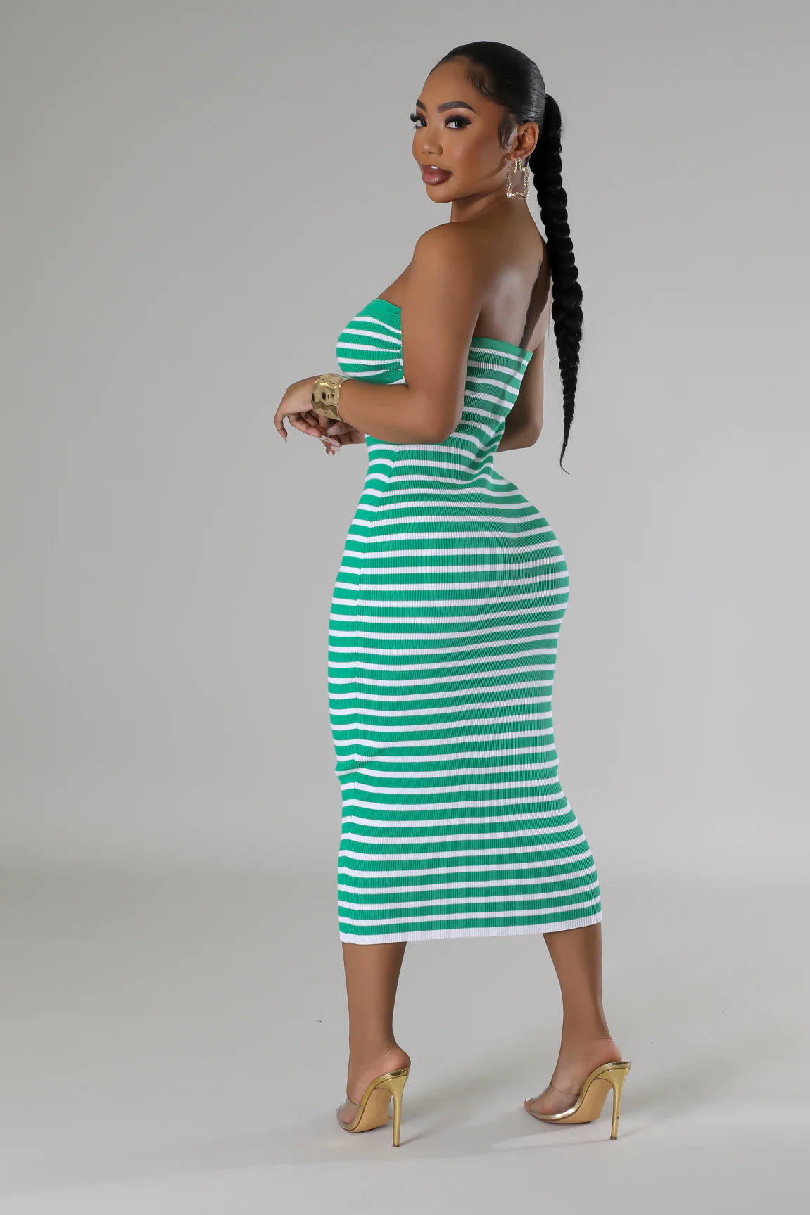 Sandie Strapless Striped Midi Dress Green - Ali’s Couture 