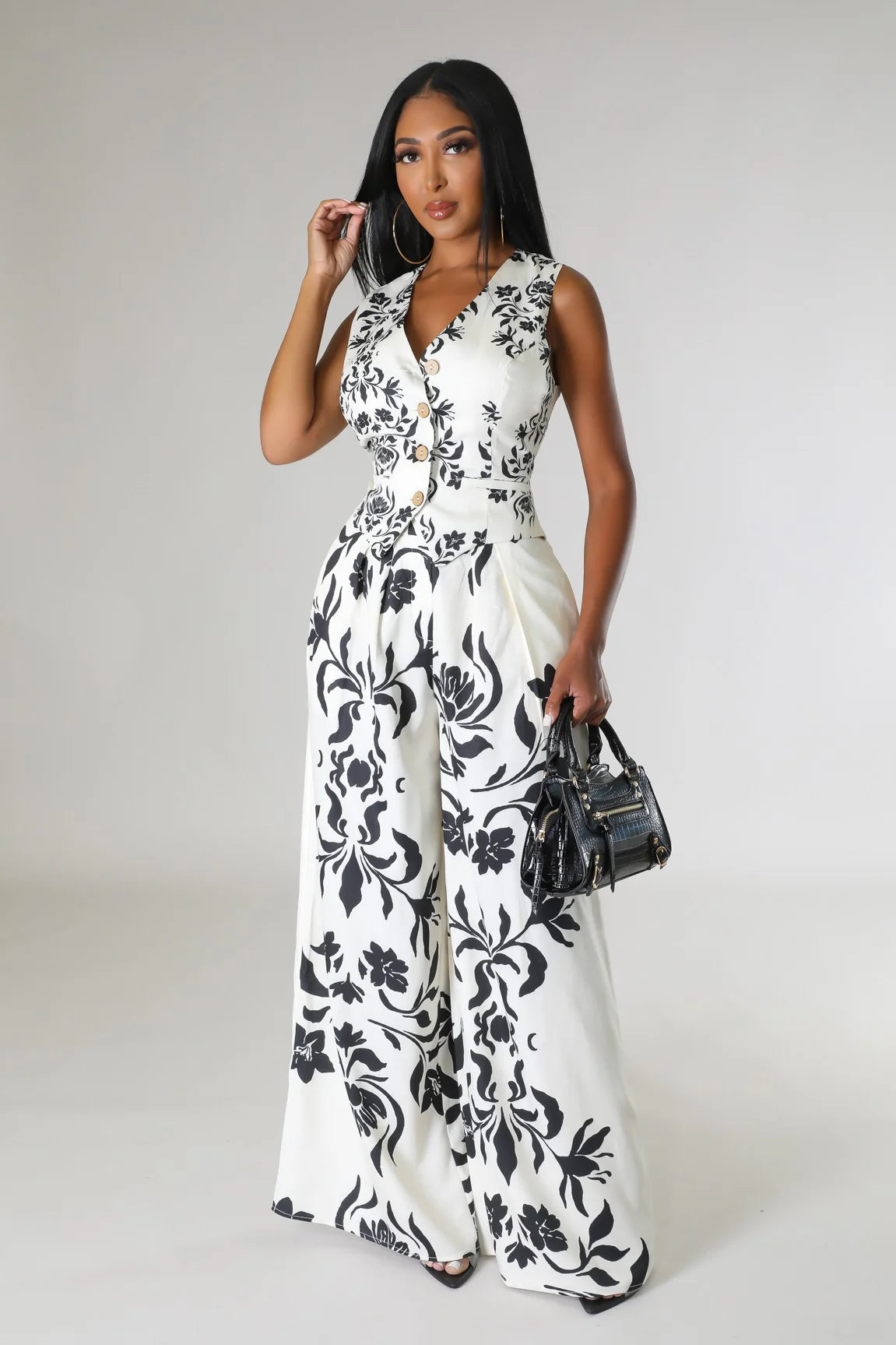 Enva Flora Pant Set Ivory Black - Ali’s Couture