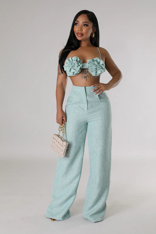 Summer Escape 3D Flower Pant Set Sage - Ali’s Couture