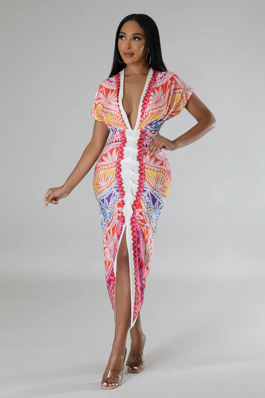 Reyna Abstract Midi Dress Multi Pink - Ali’s Couture