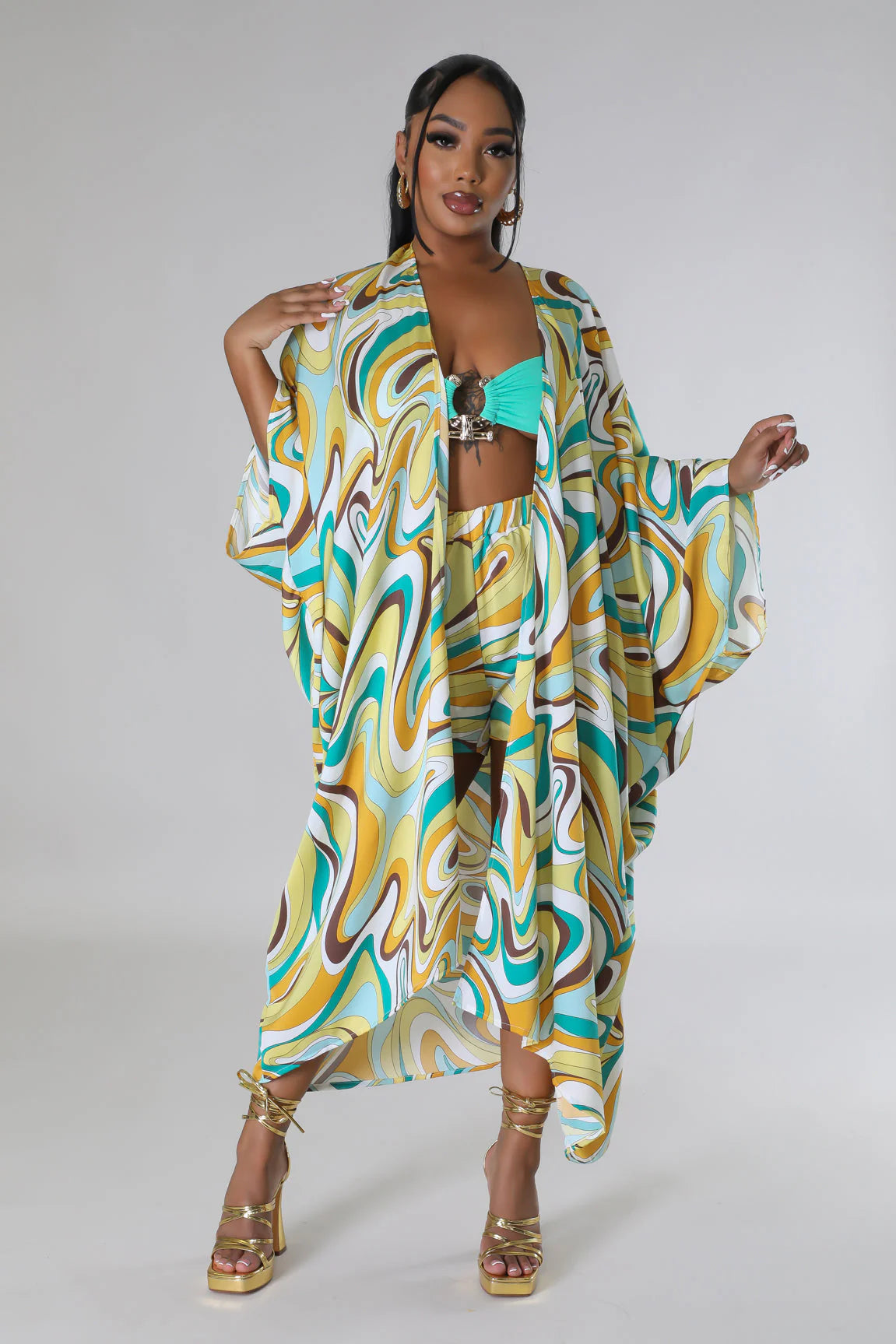 Inaya Kimono Short Set Multi Green - Ali’s Couture