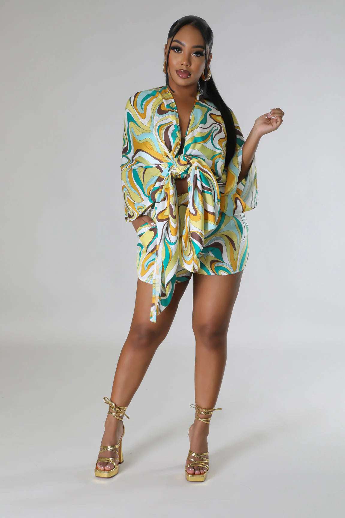 Inaya Kimono Short Set Multi Green - Ali’s Couture