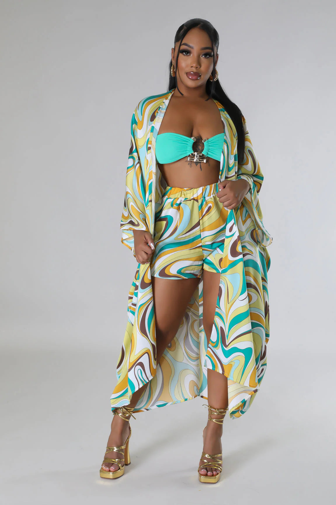 Inaya Kimono Short Set Multi Green - Ali’s Couture