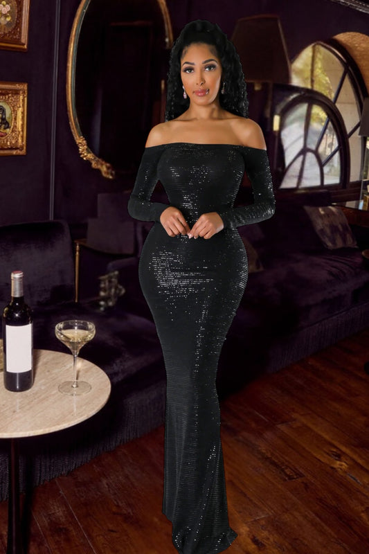 Zarah Off The Shoulder Sequin Maxi Dress Black - Ali’s Couture 