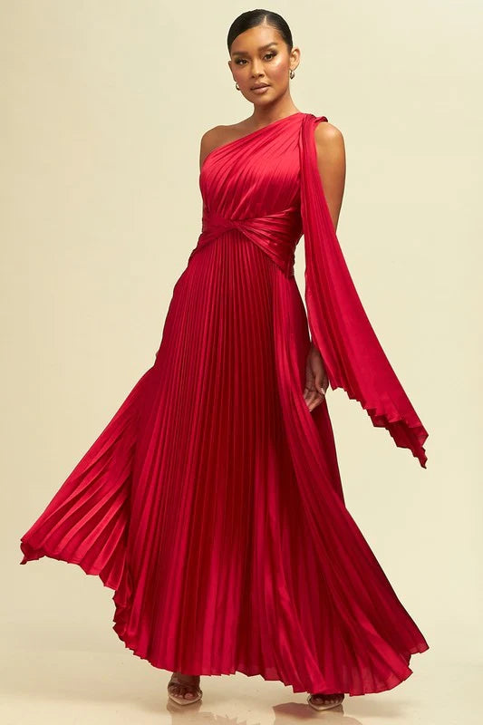Jezebel Satin Pleated Maxi Dress Red - Ali’s Couture 