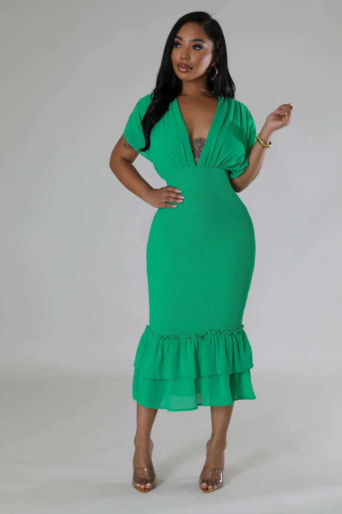 Jazlynn Smocked Midi Dress Green - Ali’s Couture 