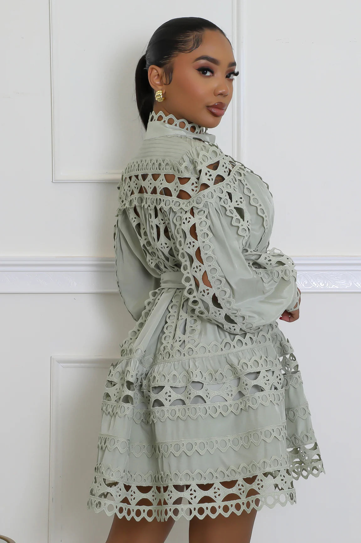 Luna Eyelet Mini Dress Sage - Ali’s Couture