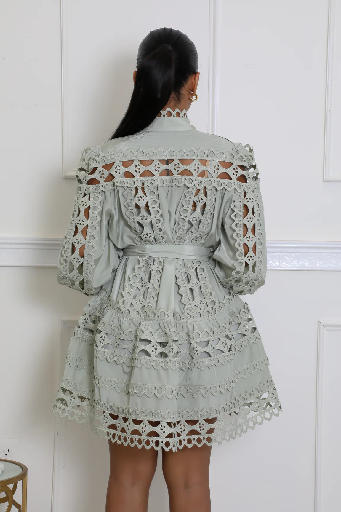 Luna Eyelet Mini Dress Sage - Ali’s Couture