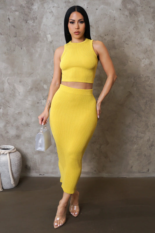 Quin Ribbed Skirt Set Yellow - Ali’s Couture 