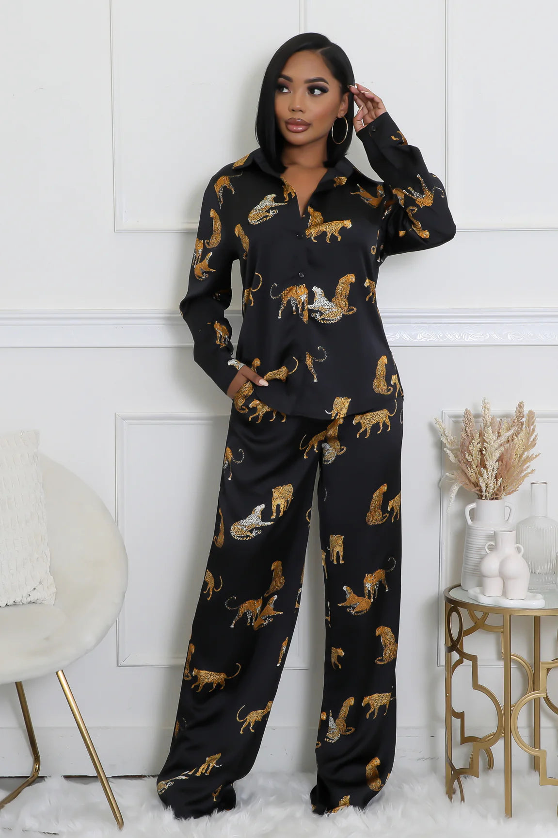 Safari Satin Pant Set Black - Ali’s Couture