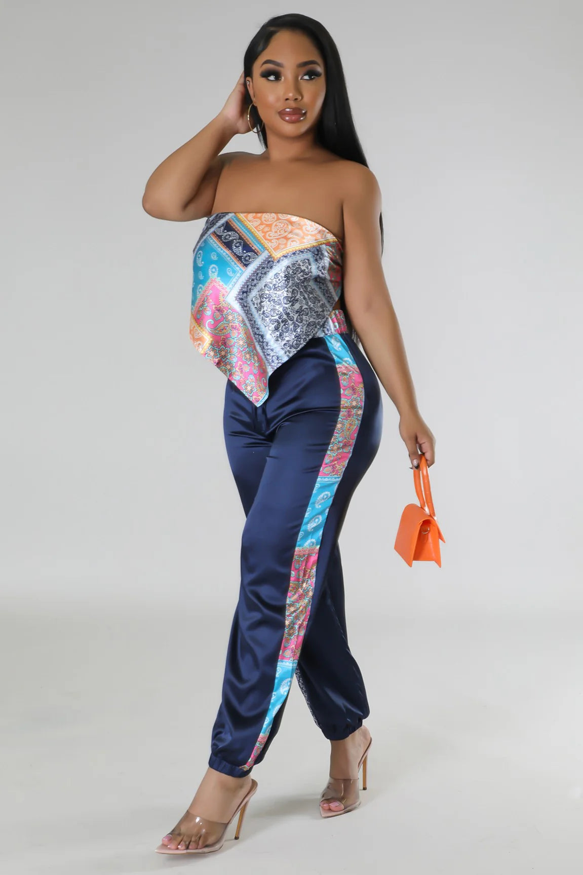 Boheme Bandeau Satin Pant Set Multi Navy Blue - Ali’s Couture