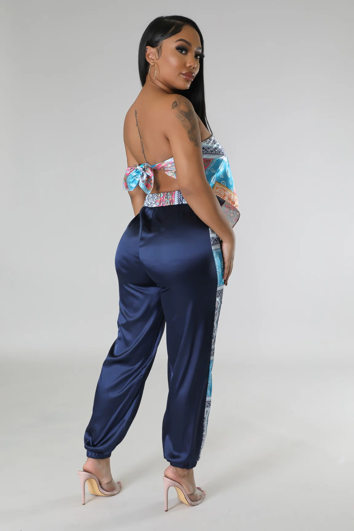 Boheme Bandeau Satin Pant Set Multi Navy Blue - Ali’s Couture
