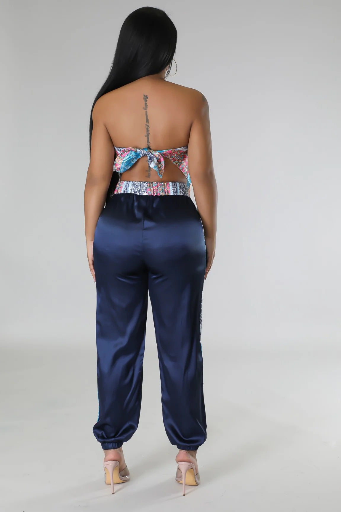 Boheme Bandeau Satin Pant Set Multi Navy Blue - Ali’s Couture