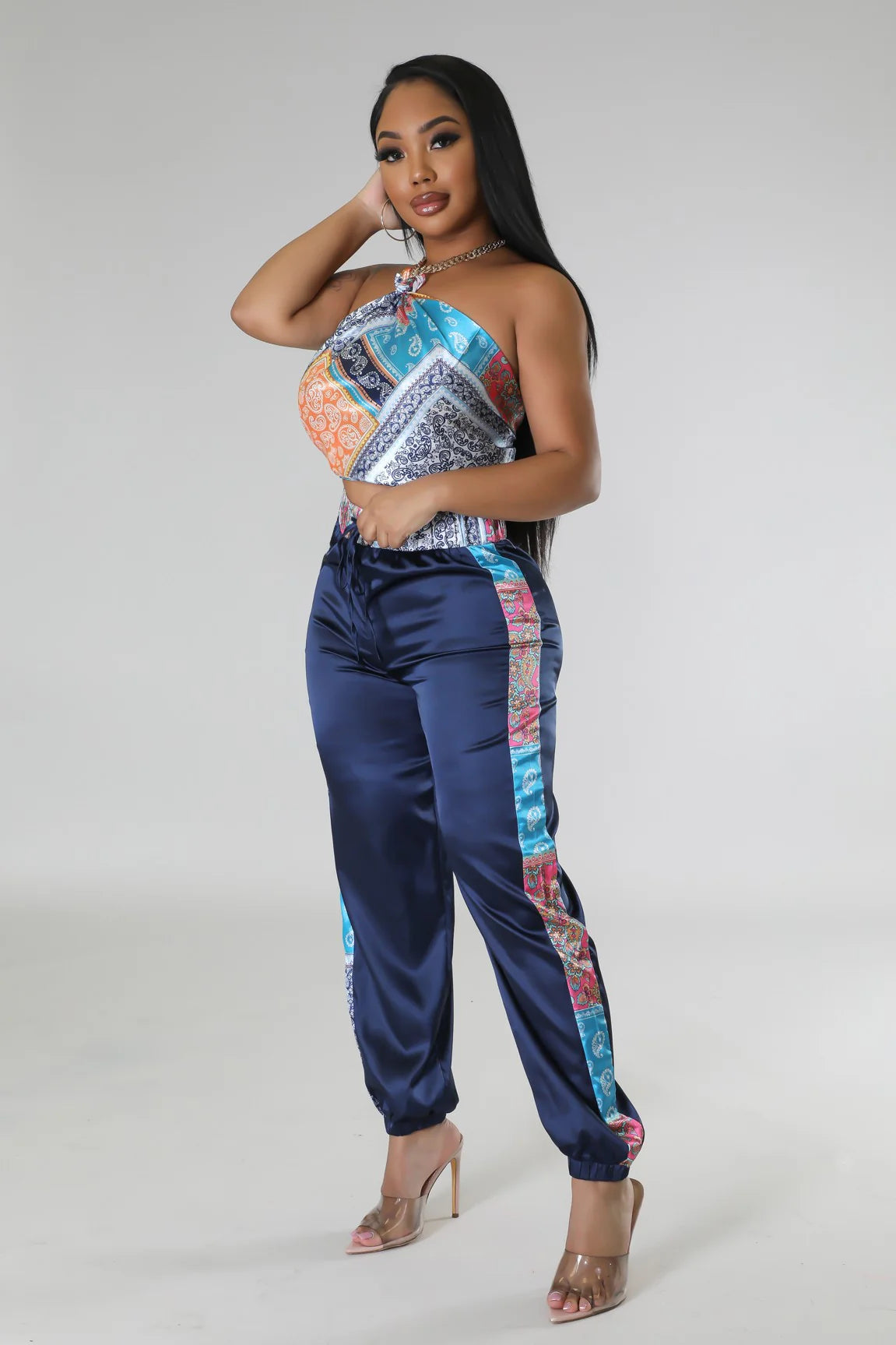 Boheme Bandeau Satin Pant Set Multi Navy Blue - Ali’s Couture