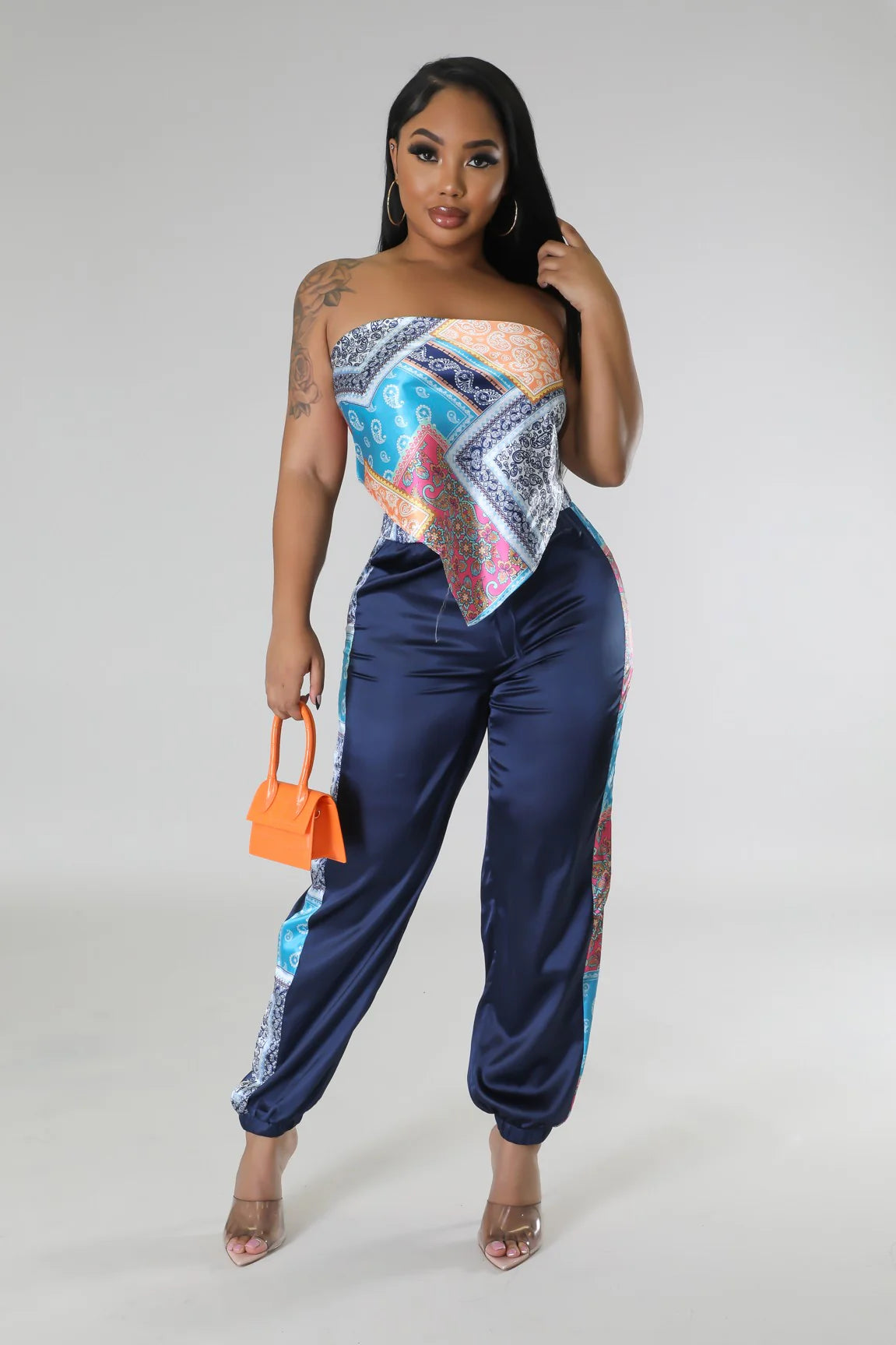 Boheme Bandeau Satin Pant Set Multi Navy Blue - Ali’s Couture