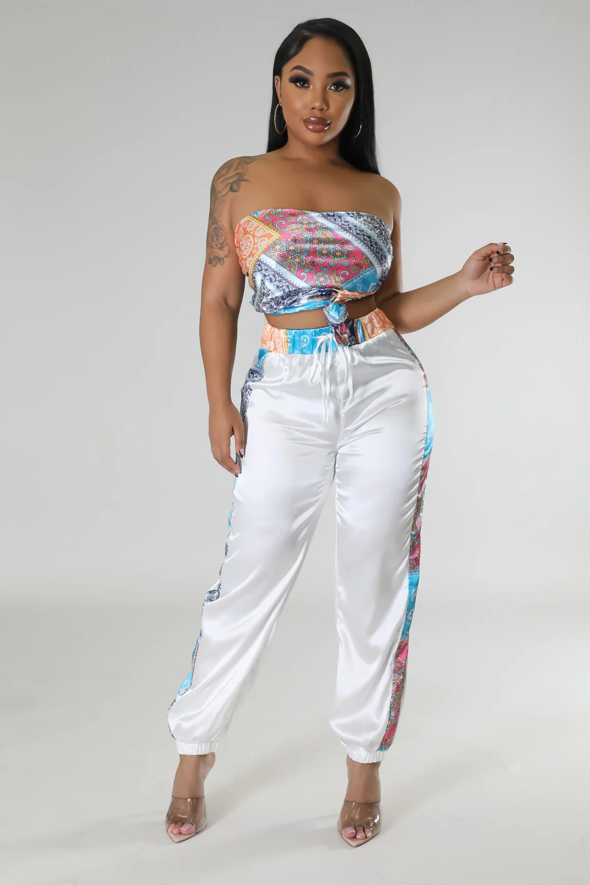 Boheme Bandeau Satin Pant Set Multi White - Ali’s Couture