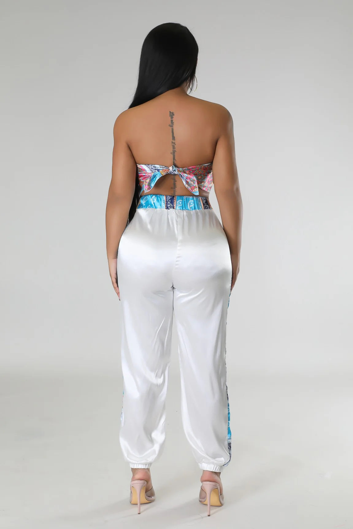 Boheme Bandeau Satin Pant Set Multi White - Ali’s Couture