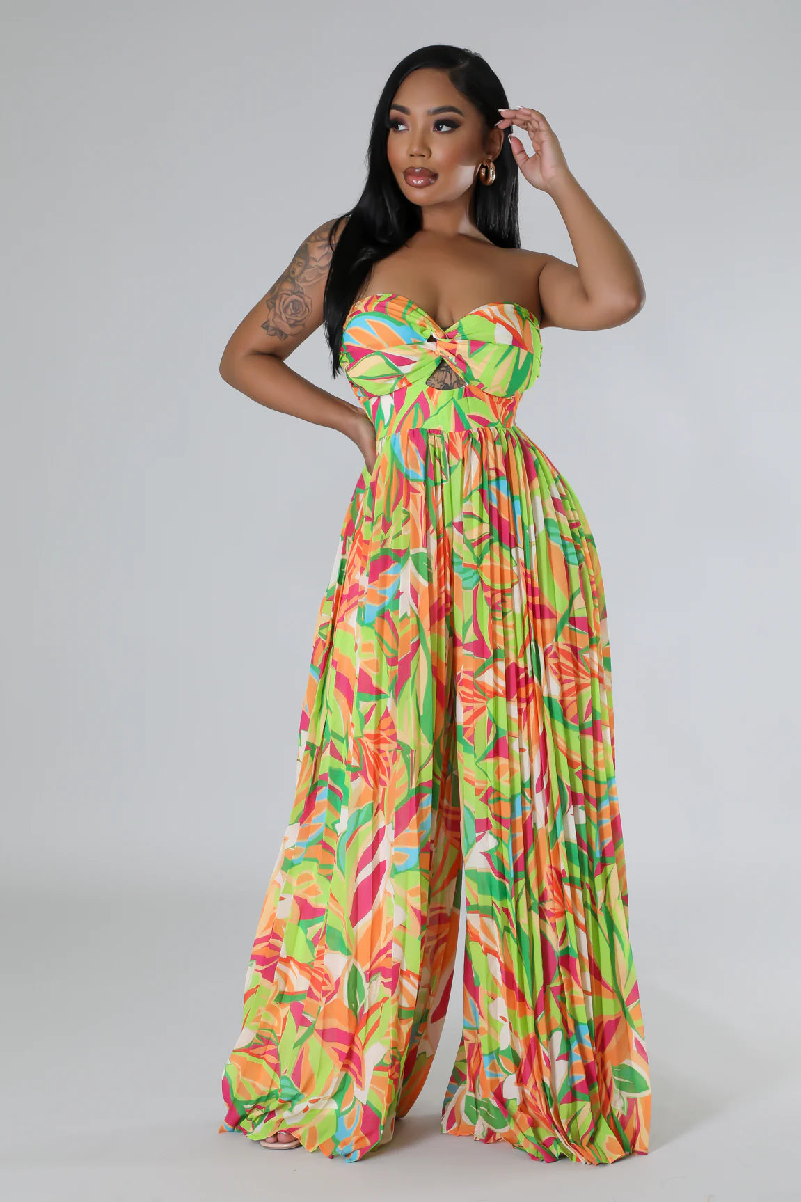 Tropical Tango Pleated Jumpsuit Multi Green - Ali’s Couture 