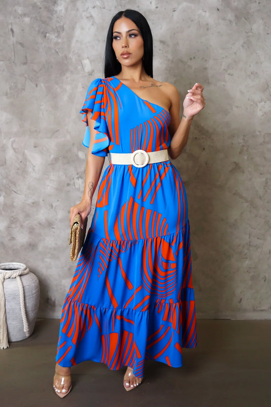 Cancun Getaway One Shoulder Midi Dress Multi Blue - Ali’s Couture 