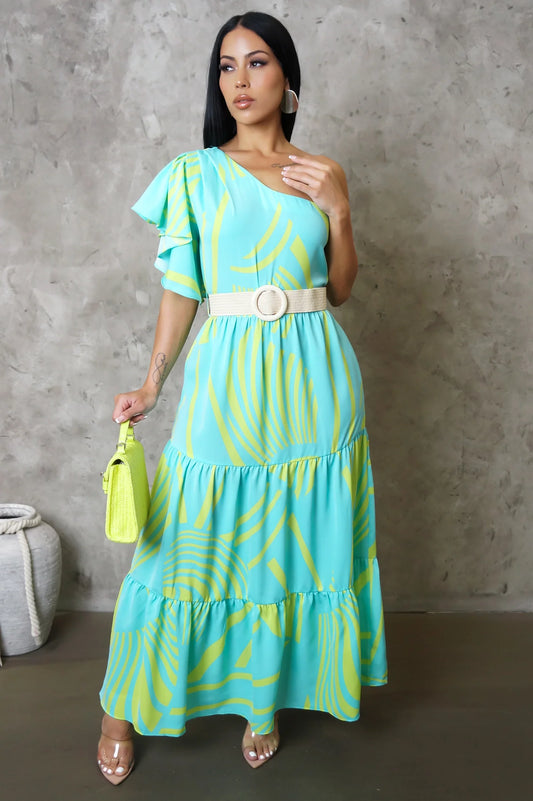 Cancun Getaway One Shoulder Midi Dress Multi Mint - Ali’s Couture 