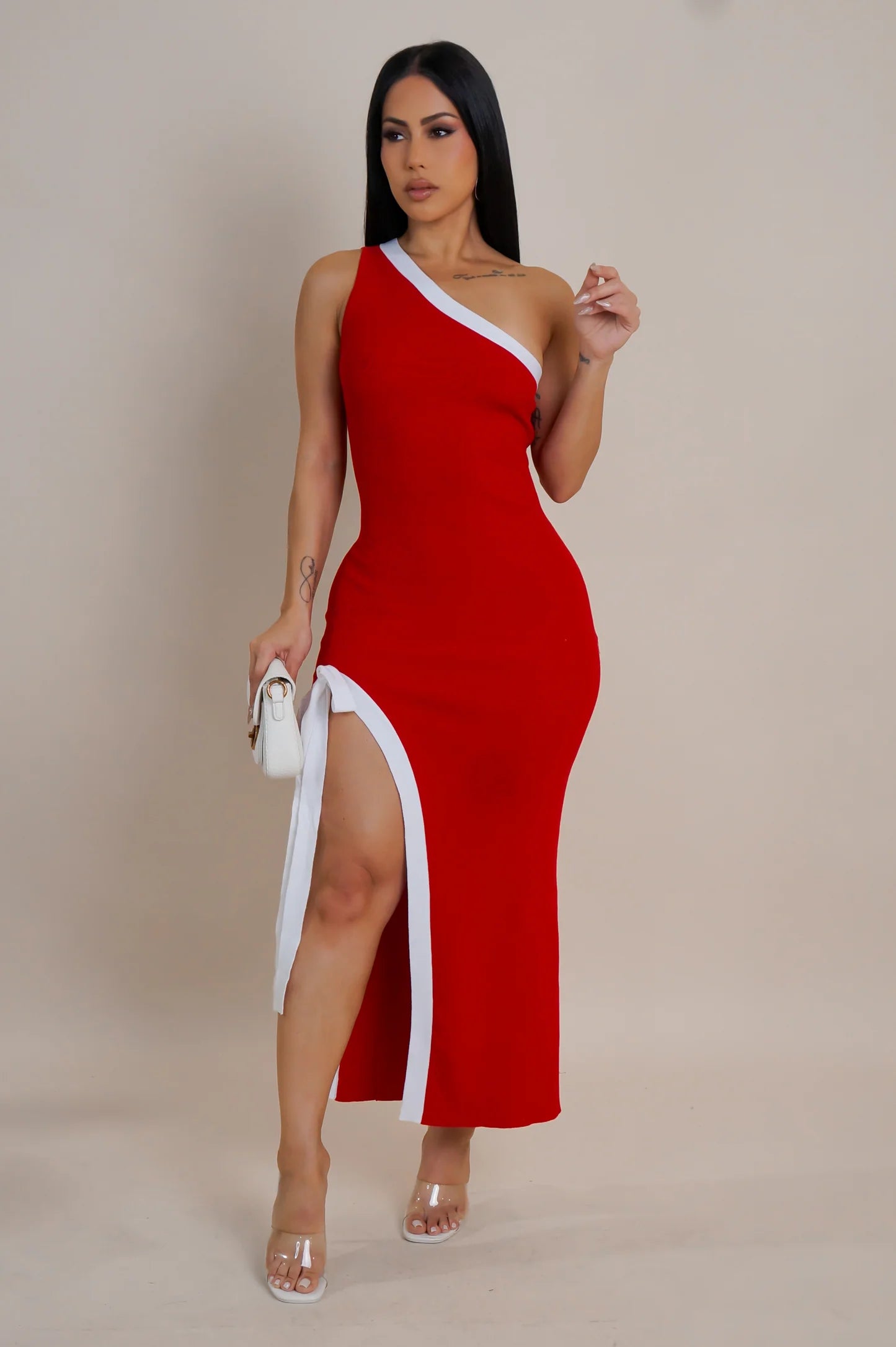 Sofia One Shoulder Midi Dress Red - Ali’s Couture