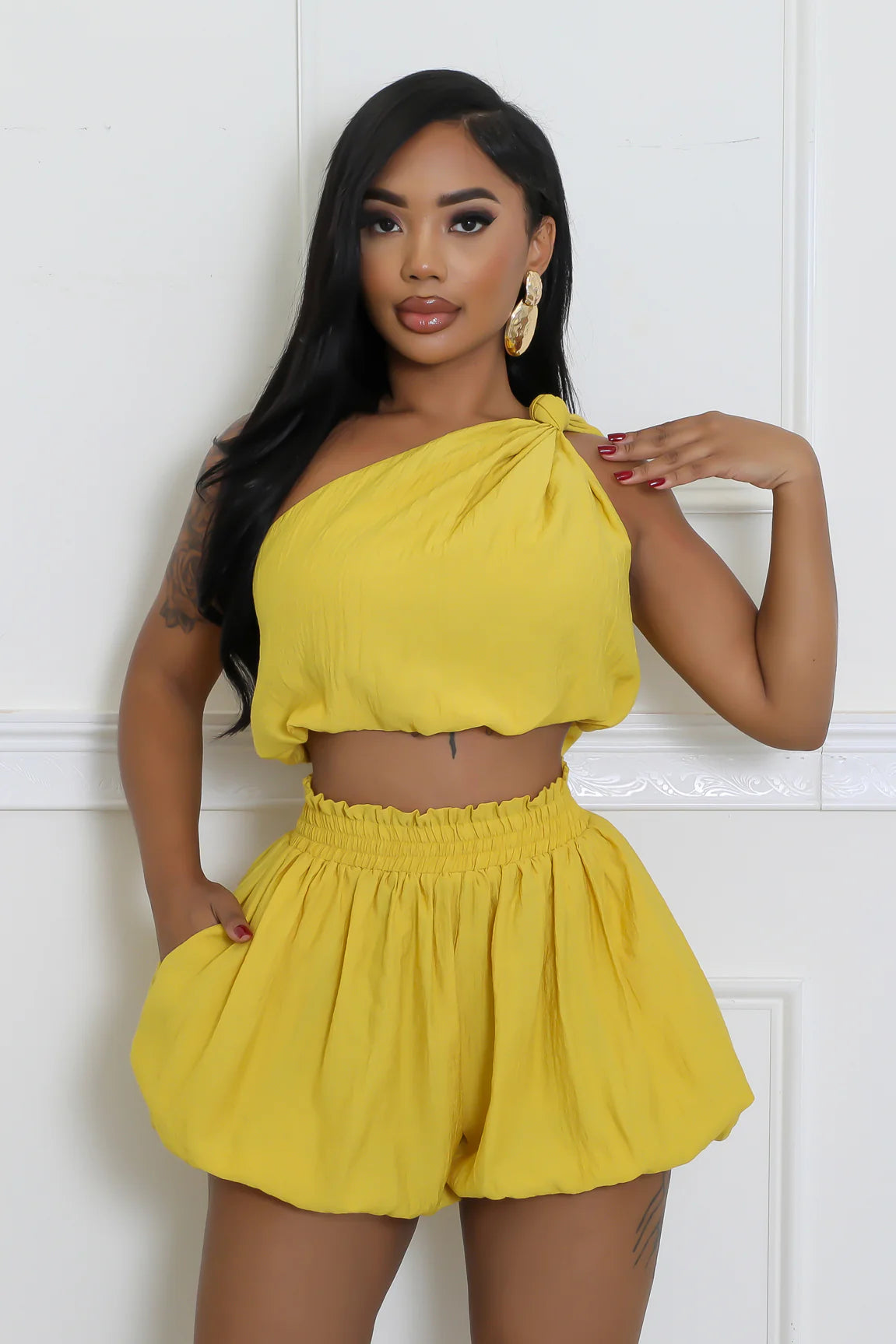 Avani One Shoulder Short Set Yellow - Ali’s Couture