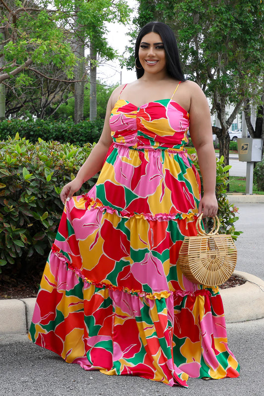 Tropical Spring Maxi Dress Multi Pink (Curvy) - Ali’s Couture 
