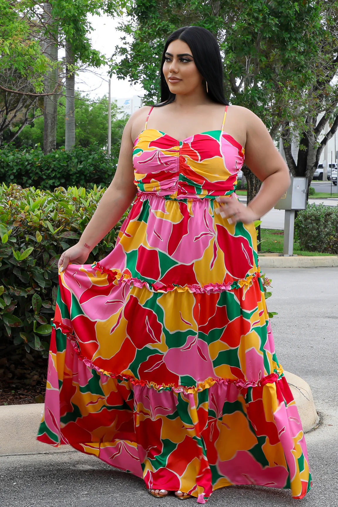 Tropical Spring Maxi Dress Multi Pink (Curvy) - Ali’s Couture 