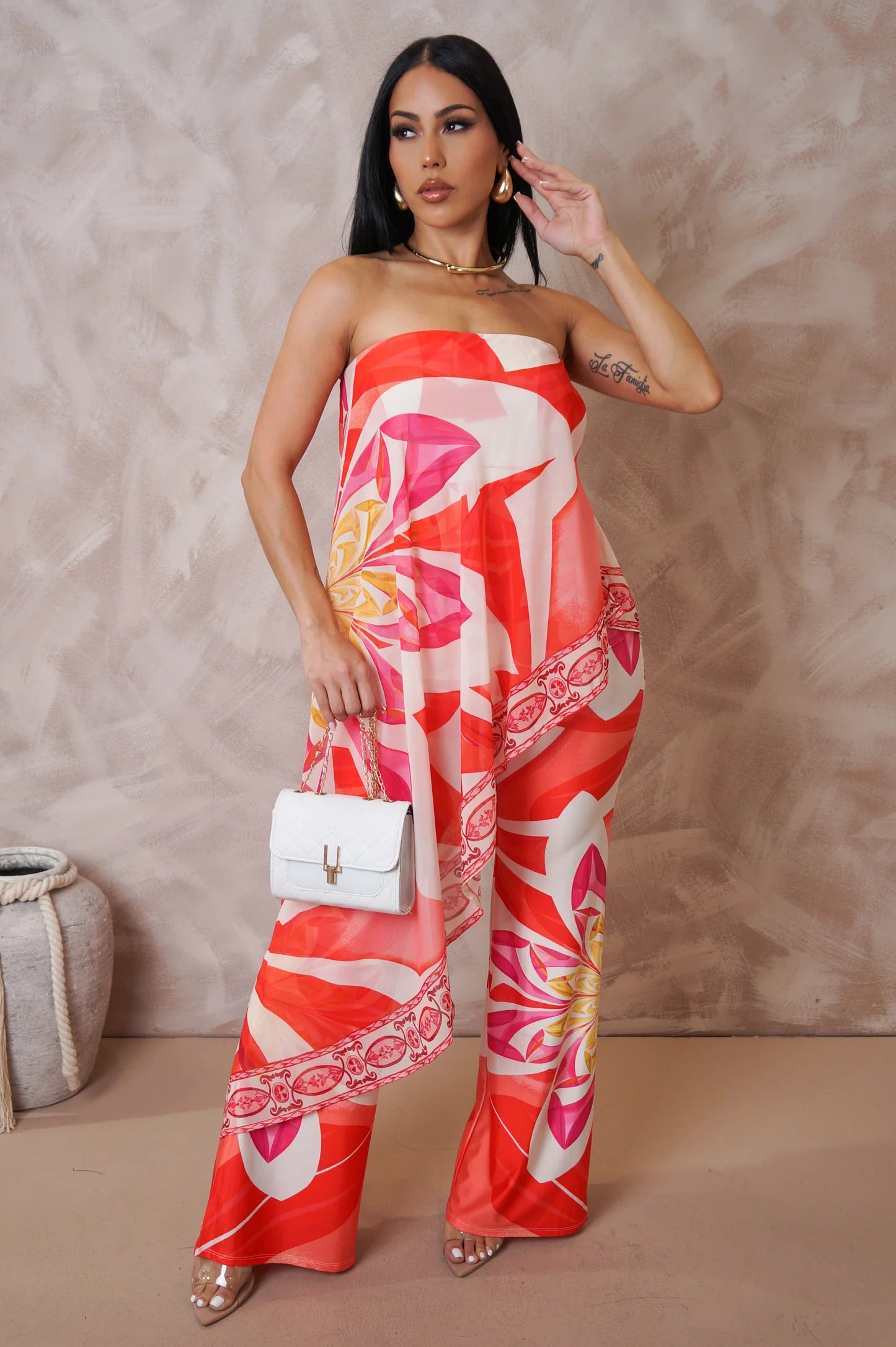 Aulani Strapless Printed Jumpsuit Multi Red - Ali’s Couture 