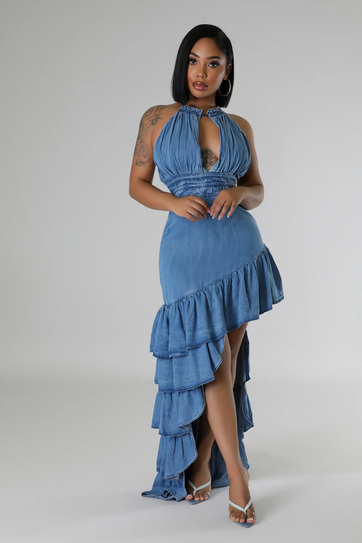 Sorrento Asymmetrical Ruffle Midi Dress Denim Blue - Ali’s Couture 