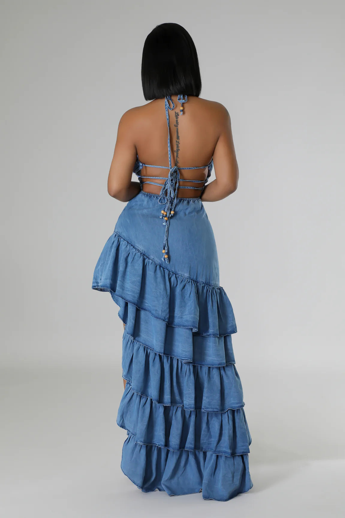 Sorrento Asymmetrical Ruffle Denim Midi Dress Medium Wash - Ali’s Couture 